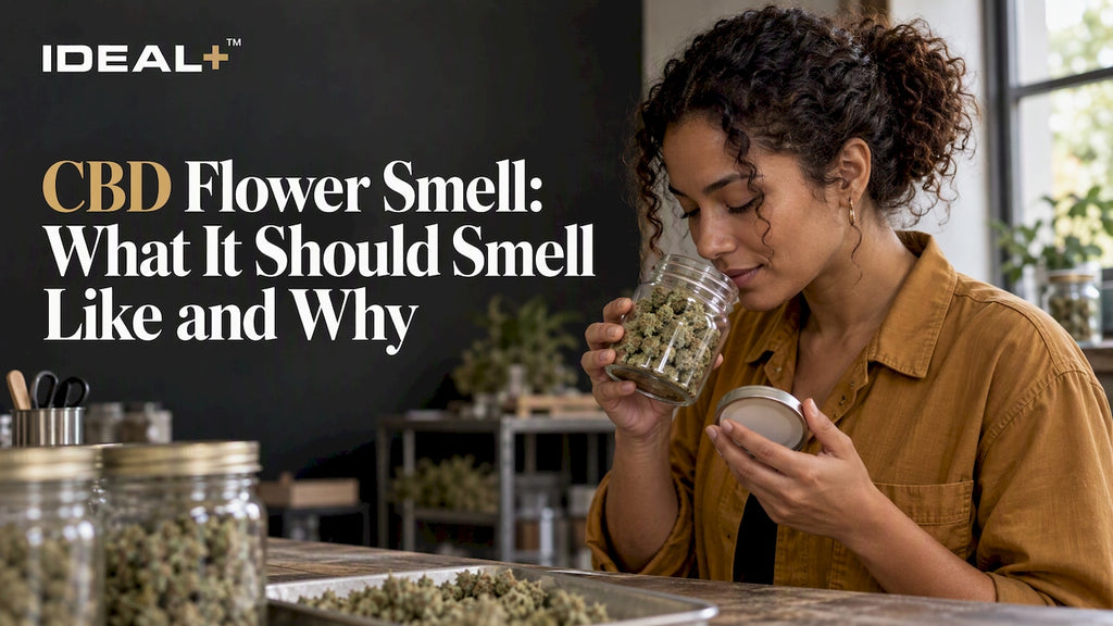 Woman smelling CBD flower from open jar