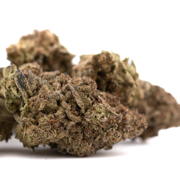 Deep Space THCa hemp flower bud with green-brown hues and trichomes for severe insomnia relief