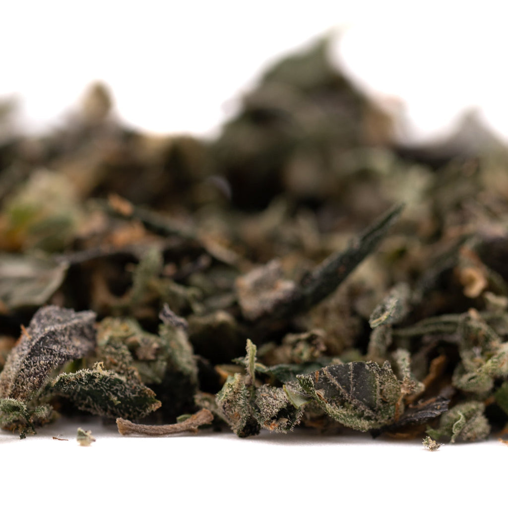 Dried green herbs from Guava Tartz Indoor Trim Wholesale 1LB featuring THCA trim and hemp flower
